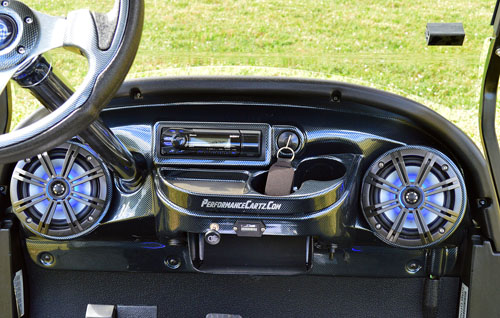 Black Golf Cart with Carbon Fiber Dash, Steerling Wheel and Hand Rails at Key Largo Golf Carts
