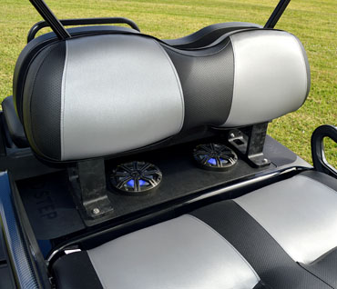 Black Golf Cart with Kicker Marine LED Speakers and Black and Grey Seats at Key Largo Golf Carts