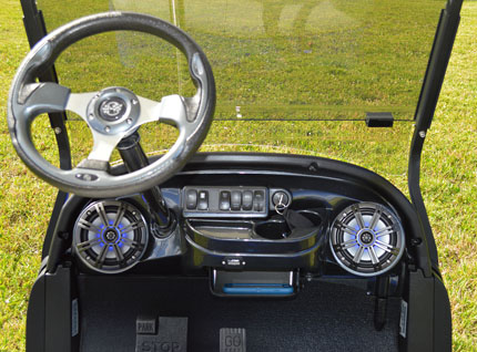Metallic Blue Club Car Precedent Golf Cart with Carbon Fiber Interior and LED Lighting Key Largo Golf Carts