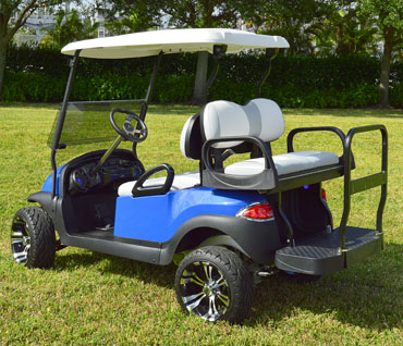 Metallic Blue Club Car Precedent Golf Cart with Tinted Windshield and Carbon Fiber Dash at Key Largo Golf Carts