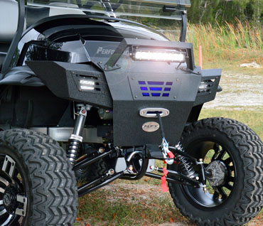 Black Utility Golf Cart with Winch and Tow Cable and Super Bright LED Headlights at Key Largo Golf Carts