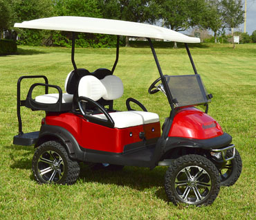 Ruby Red Club Car Precedent Golf Cart with 80 inch Pearl Roof and White on White Seats at Key Largo Golf Carts
