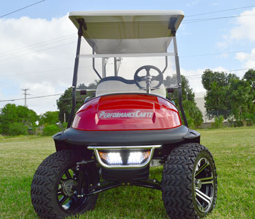 Ruby Red Club Car Precedent Golf Cart with 6 inch suspension kit and All Terrain Tires at Key Largo Golf Carts