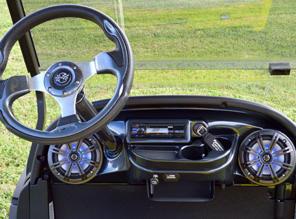Yellow Club Car Precedent Golf Cart with in dash bluetooth weatherproof radio at Key Largo Golf Carts